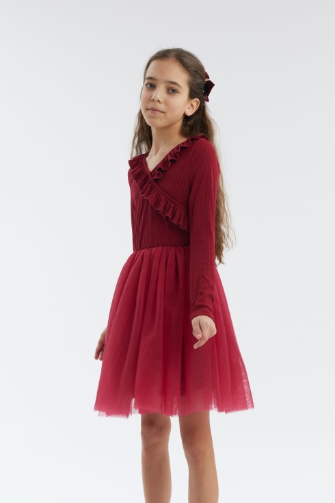 Mika princeses kleita, bordo kleita meitenēm, eleganta bērnu kleita, kleita īpašiem notikumiem, meiteņu svētku kleita, kleita ar volāniem, bērnu mode