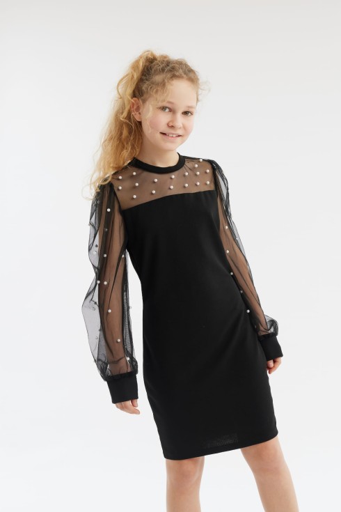 melna svinīgā kleita, meiteņu modes kleita, pērlīšu dekorācijas, caurspīdīgas piedurknes, kleita ar rāvējslēdzēju, bērnu elegants apģērbs, moderna bērnu kleita, komfortabla svinīgā kleita, meiteņu kleita svētkiem, kleita no 8 līdz 14 gadiem