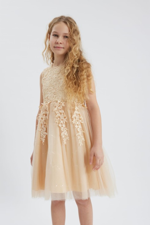 meiteņu kleita, svinīgā kleita, eleganta kleita, bērnu modes kleita, Evelina kleita, šampanieša krāsas kleita, kāzu kleita meitenēm, svētku kleita, augstas kvalitātes kleita