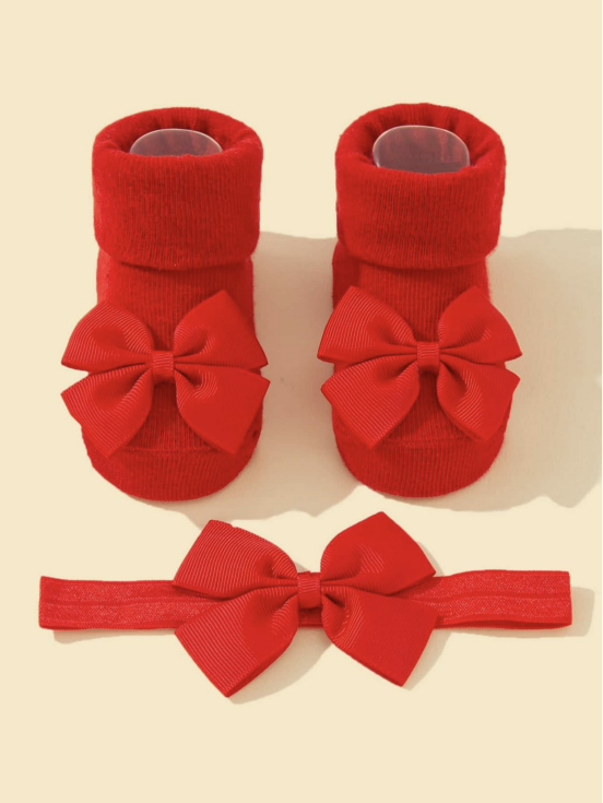 Sarkanas zīdaiņu zeķītes ar lielu satīna banti un sarkanu matu lenti komplektā