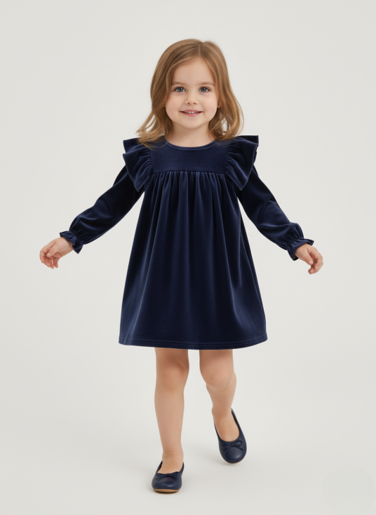 Tumši zila samta svētku kleita meitenei Idalia ar volānveida pleciem priekšpuses skats