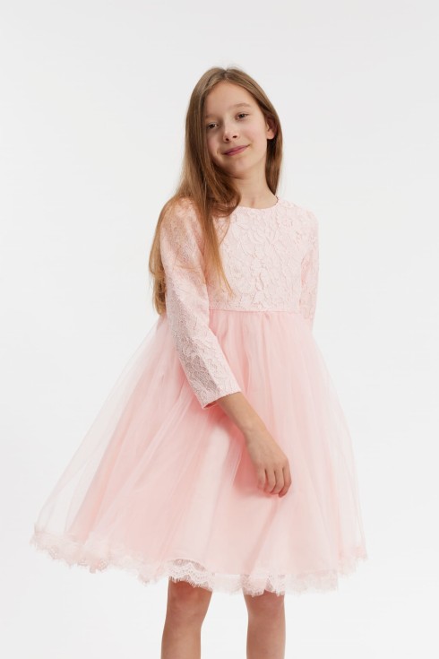 svinīga kleita meitenēm, rozā kleita, kleita ar tillu, mežģīņu kleita, kleita kristībām, kleita kāzām, bērnu svētku apģērbs, Kayra