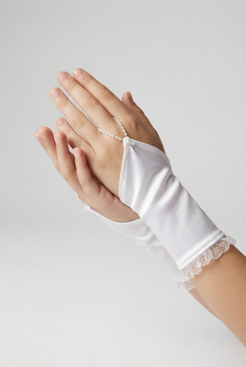 svinīgi cimdiņi, vienpirksta cimdiņi, mežģīņu cimdiņi, bērnu svētku aksesuāri, eleganti cimdi, svinību dienas cimdi, balti cimdi bērniem, Eiropas kvalitātes cimdi