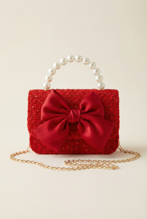 somiņa meitenei, sarkana somiņa, somiņa ar banti, pērļu rokturis, meiteņu aksesuāri, eleganta somiņa, somiņa īpašiem gadījumiem