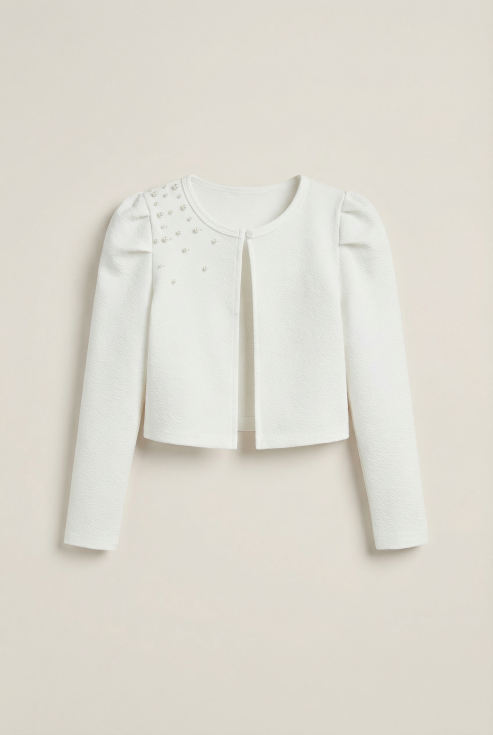 bērnu bolerko, Giorgia bolerko ar pērlītēm, elegants meiteņu apģērbs, svētku bolerko, ekrū bolerko, meiteņu mode, 8-12 gadu vecumam, kvalitatīvs bērnu apģērbs, oficiāls bērnu tērps, dažādi izmēri